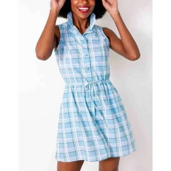 Byrdie Golf Women's Hayden Dress XS Blue Check Plaid Mini Tie Waist Sleeveless - Picture 1 of 7